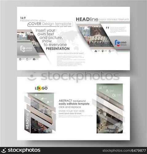 Business templates in HD format for presentation slides. Easy editable abstract vector layouts in flat design. Colorful background made of dotted texture for travel business, urban cityscape.. Business templates in HD format for presentation slides. Easy editable abstract vector layouts in flat design. Colorful background made of dotted texture for travel business, urban cityscape