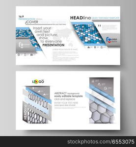 Business templates in HD format for presentation slides. Easy editable abstract vector layouts in flat design. Blue and gray color hexagons in perspective. Abstract polygonal style modern background.. Business templates in HD format for presentation slides. Easy editable vector layouts in flat design. Blue and gray color hexagons in perspective. Abstract polygonal style modern background.