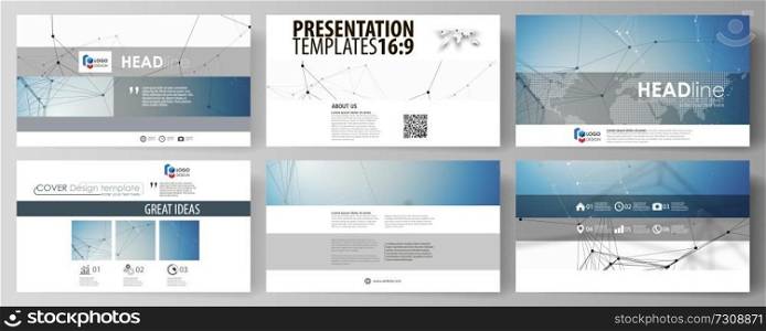 Business templates in HD format for presentation slides. Easy editable abstract vector layouts in flat design. Geometric blue color background, molecule structure, science concept. Connected lines and dots.. Business templates in HD format for presentation slides. Abstract vector layouts in flat design. Geometric blue color background, molecule structure, science concept. Connected lines and dots.