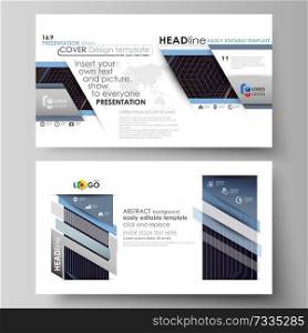 Business templates in HD format for presentation slides. Easy editable abstract vector layouts in flat design. Abstract polygonal background with hexagons, illusion of depth and perspective. Black color geometric design, hexagonal geometry.. Business templates in HD format for presentation slides. Vector layouts in flat style. Abstract polygonal background with hexagons, illusion of depth. Black color geometric design, hexagonal geometry.