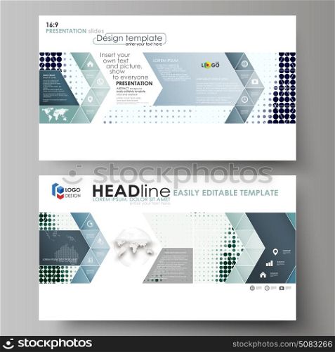 Business templates in HD format for presentation slides. Abstract design vector layouts. Halftone dotted background, retro style grungy pattern, vintage texture. Halftone effect, black dots on white.. Business templates in HD format for presentation slides. Easy editable abstract vector layouts in flat design. Halftone dotted background, retro style grungy pattern, vintage texture. Halftone effect with black dots on white.