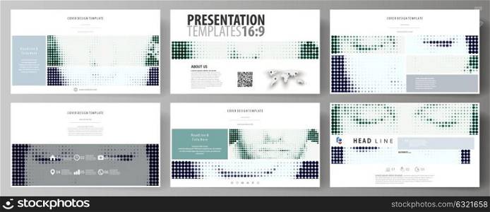 Business templates in HD format for presentation slides. Abstract design vector layouts. Halftone dotted background, retro style grungy pattern, vintage texture. Halftone effect, black dots on white.. Business templates in HD format for presentation slides. Easy editable abstract vector layouts in flat design. Halftone dotted background, retro style grungy pattern, vintage texture. Halftone effect with black dots on white.