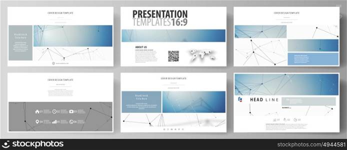 Business templates in HD format for presentation slides. Abstract vector layouts in flat design. Geometric blue color background, molecule structure, science concept. Connected lines and dots.. Business templates in HD format for presentation slides. Easy editable abstract vector layouts in flat design. Geometric blue color background, molecule structure, science concept. Connected lines and dots.