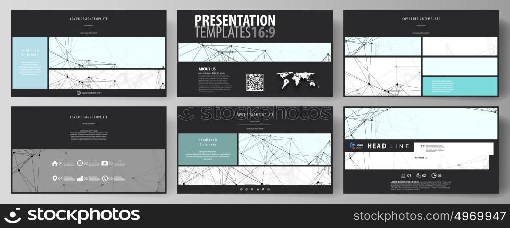 Business templates in HD format for presentation slides. Abstract vector layouts in flat design. Chemistry pattern, connecting lines and dots, molecule structure on white, geometric graphic background. Business templates in HD format for presentation slides. Easy editable abstract vector layouts in flat design. Chemistry pattern, connecting lines and dots, molecule structure on white, geometric graphic background.