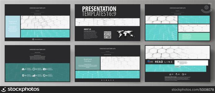 Business templates in HD format for presentation slides. Abstract vector layouts in flat design. Chemistry pattern, hexagonal molecule structure on blue. Medicine, science and technology concept.. Business templates in HD format for presentation slides. Easy editable abstract vector layouts in flat design. Chemistry pattern, hexagonal molecule structure on blue. Medicine, science and technology concept.