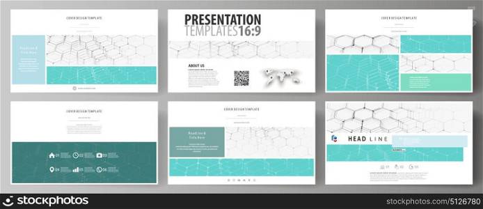 Business templates in HD format for presentation slides. Abstract vector layouts in flat design. Chemistry pattern, hexagonal molecule structure on blue. Medicine, science and technology concept.. Business templates in HD format for presentation slides. Easy editable abstract vector layouts in flat design. Chemistry pattern, hexagonal molecule structure on blue. Medicine, science and technology concept.