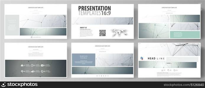Business templates in HD format for presentation slides. Abstract vector layouts in flat design. Genetic and chemical compounds. DNA and neurons. Medicine, chemistry, science or technology concept.. Business templates in HD format for presentation slides. Easy editable abstract vector layouts in flat design. Genetic and chemical compounds. Atom, DNA and neurons. Medicine, chemistry, science or technology concept. Geometric background.