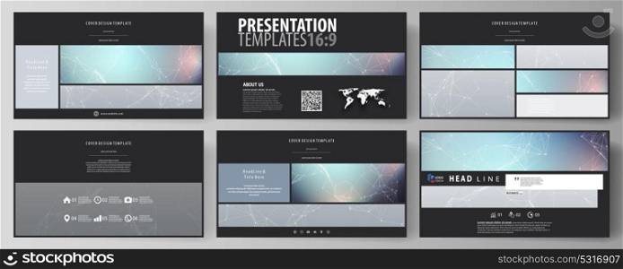 Business templates in HD format for presentation slides. Abstract vector layouts in flat design. Compounds lines and dots. Big data visualization in minimal style. Graphic communication background.. Business templates in HD format for presentation slides. Easy editable abstract vector layouts in flat design. Compounds lines and dots. Big data visualization in minimal style. Graphic communication background.