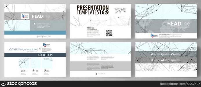 Business templates in HD format for presentation slides. Abstract vector layouts in flat design. Chemistry pattern, connecting lines and dots, molecule structure on white, geometric graphic background. Business templates in HD format for presentation slides. Easy editable abstract vector layouts in flat design. Chemistry pattern, connecting lines and dots, molecule structure on white, geometric graphic background.