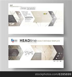 Business templates in HD format for presentation slides. Abstract vector layouts in flat design. Technology, science, medical concept. Golden dots and lines, cybernetic digital style. Lines plexus.. Business templates in HD format for presentation slides. Easy editable abstract vector layouts in flat design. Technology, science, medical concept. Golden dots and lines, cybernetic digital style. Lines plexus.