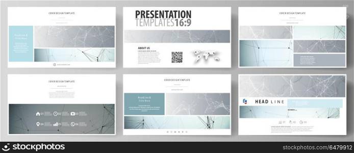 Business templates in HD format for presentation slides. Abstract vector layouts in flat design. Chemistry pattern, connecting lines and dots, molecule structure, scientific medical DNA research.. Business templates in HD format for presentation slides. Easy editable abstract vector layouts in flat design. Chemistry pattern, connecting lines and dots, molecule structure, scientific medical DNA research.