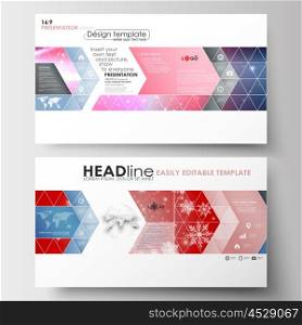 Business templates in HD format for presentation slides. Easy editable abstract layouts in flat design. Christmas decoration, vector background with shiny snowflakes