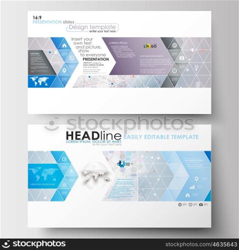 Business templates in HD format for presentation slides. Easy editable abstract layouts in flat design. Molecule structure on blue background. Science healthcare background, medical vector.