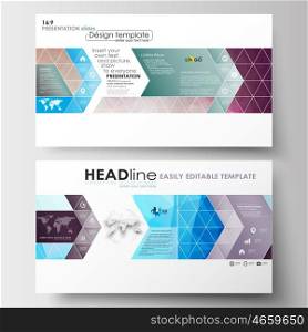 Business templates in HD format for presentation slides. Easy editable abstract layouts in flat design. Abstract triangles, blue triangular background, colorful polygonal pattern