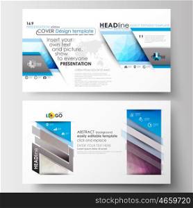 Business templates in HD format for presentation slides. Easy editable abstract layouts in flat design. Abstract triangles, blue triangular background, colorful polygonal pattern.