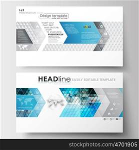 Business templates in HD format for presentation slides. Easy editable abstract layouts in flat design. Abstract triangles, blue and gray triangular background, modern colorful polygonal vector.