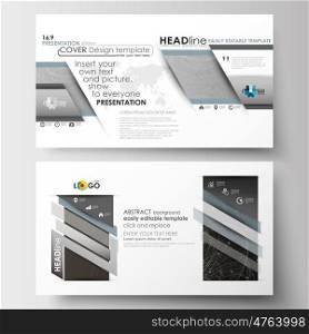 Business templates in HD format for presentation slides. Easy editable abstract layouts in flat design. Abstract 3D construction and polygonal molecules on gray background, scientific technology vector.