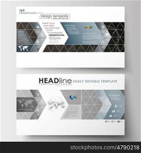 Business templates in HD format for presentation slides. Easy editable abstract layouts in flat design. Abstract 3D construction and polygonal molecules on gray background, scientific technology vector.