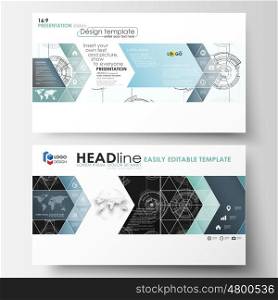 Business templates in HD format for presentation slides. Easy editable layouts. High tech design, connecting system. Science and technology concept. Futuristic abstract vector background