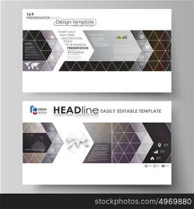 Business templates in HD format for presentation slides. Easy editable vector layouts in flat design. Dark color triangles and colorful circles. Abstract polygonal style modern background.. Business templates in HD format for presentation slides. Easy editable abstract vector layouts in flat design. Dark color triangles and colorful circles. Abstract polygonal style modern background.