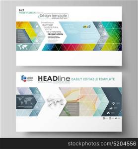 Business templates in HD format for presentation slides. Easy editable vector layouts in flat style. Colorful design with overlapping geometric shapes and waves forming abstract beautiful background.. Business templates in HD format for presentation slides. Easy editable abstract layouts in flat design, vector illustration. Colorful design with overlapping geometric shapes and waves forming abstract beautiful background.