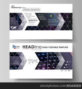 Business templates in HD format for presentation slides. Layouts in flat style. Abstract colorful neon dots, dotted technology background. Glowing particles, futuristic texture, digital vector design.. Business templates in HD format for presentation slides. Easy editable abstract vector layouts in flat design. Abstract colorful neon dots, dotted technology background. Glowing particles, led light pattern, futuristic texture, digital vector design.