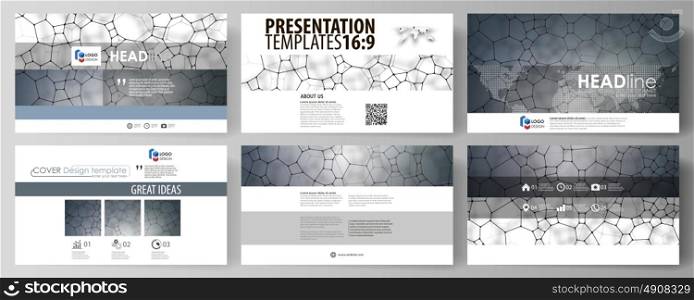 Business templates in HD format for presentation slides. Vector design layouts. Chemistry pattern, molecular texture, polygonal molecule structure, cell. Medicine, science, microbiology concept.. Business templates in HD format for presentation slides. Easy editable abstract vector layouts in flat design. Chemistry pattern, molecular texture, polygonal molecule structure, cell. Medicine, science, microbiology concept.