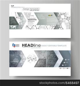 Business templates in HD format for presentation slides. Vector design layouts. Chemistry pattern, molecular texture, polygonal molecule structure, cell. Medicine, science, microbiology concept.. Business templates in HD format for presentation slides. Easy editable abstract vector layouts in flat design. Chemistry pattern, molecular texture, polygonal molecule structure, cell. Medicine, science, microbiology concept.