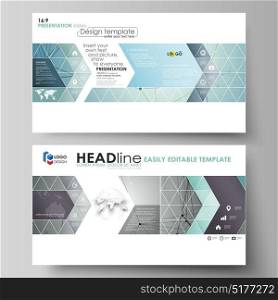Business templates in HD format for presentation slides. Vector layouts in flat design. Geometric background, connected line and dots. Molecular structure. Scientific, medical, technology concept.. Business templates in HD format for presentation slides. Vector layouts in flat design. Geometric background, connected line and dots. Molecular structure. Scientific, medical, technology concept