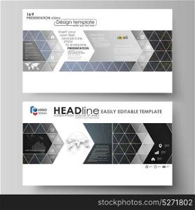 Business templates in HD format for presentation slides. Vector layouts in flat design. Colorful dark background with abstract lines. Bright color chaotic, random, messy curves. Colourful decoration.. Business templates in HD format for presentation slides. Easy editable abstract vector layouts in flat design. Colorful dark background with abstract lines. Bright color chaotic, random, messy curves. Colourful vector decoration.