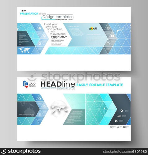 Business templates in HD format for presentation slides. Vector layouts in flat design. Chemistry pattern, connecting lines and dots, molecule structure, medical DNA research. Medicine concept. Business templates in HD format for presentation slides. Vector layouts in flat design. Chemistry pattern, connecting lines and dots, molecule structure, medical DNA research. Medicine concept.