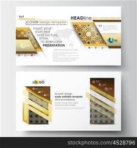 Business templates in HD size for presentation slides. Easy editable abstract layouts in flat design. Islamic gold pattern, overlapping geometric shapes forming abstract ornament. Vector golden texture.