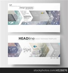 Business templates in HD size for presentation slides. Easy editable abstract layouts in flat design. DNA molecule structure on blue background. Scientific research, medical technology