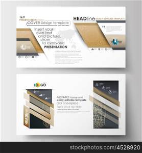 Business templates in HD size for presentation slides. Easy editable abstract layouts in flat design. Golden technology background, connection structure with connecting dots and lines, science vector.