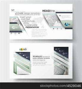 Business templates in HD size for presentation slides. Easy editable abstract layouts in flat design. Dotted world globe with construction and polygonal molecules on gray background, vector illustration