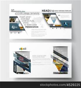 Business templates in HD size for presentation slides. Easy editable abstract layouts in flat design. Abstract multicolored background of nature landscapes, geometric triangular style, vector illustration