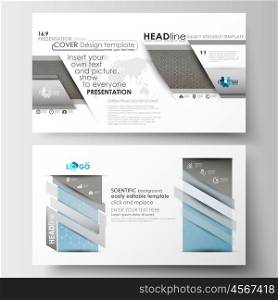 Business templates in HD size for presentation slides. Easy editable abstract layouts in flat design. Scientific medical research, chemistry pattern, hexagonal design molecule structure, science vector background.