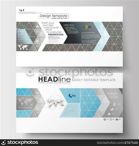 Business templates in HD size for presentation slides. Easy editable abstract layouts in flat design. Scientific medical research, chemistry pattern, hexagonal design molecule structure, science vector background.