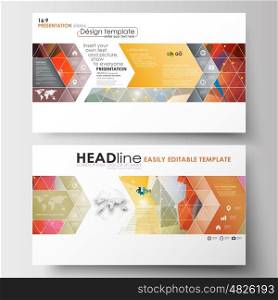 Business templates in HD size for presentation slides. Easy editable layouts in flat design. Abstract colorful triangle vector background with polygonal molecules.. Business templates in HD size for presentation slides. Easy editable abstract layouts in flat design. Abstract colorful triangle design vector background with polygonal molecules.