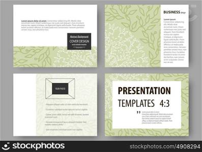 Business templates, presentation slides. Easy editable layouts, flat design. Green color background with leaves. Spa concept in linear style. Vector decoration for cosmetics, beauty industry.. Set of business templates for presentation slides. Easy editable abstract layouts in flat design, vector illustration. Green color background with leaves. Spa concept in linear style. Vector decoration for cosmetics, beauty industry.
