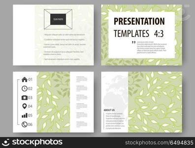 Business templates, presentation slides. Easy editable layouts, flat design. Green color background with leaves. Spa concept in linear style. Vector decoration for cosmetics, beauty industry.. Set of business templates for presentation slides. Easy editable abstract layouts in flat design, vector illustration. Green color background with leaves. Spa concept in linear style. Vector decoration for cosmetics, beauty industry.