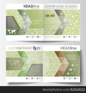 Business templates, square design bi fold brochure, flyer. Leaflet cover, flat layout. Green color background with leaves. Spa concept in linear style. Vector decoration for cosmetics industry. Business templates, square design bi fold brochure, magazine, flyer, report. Leaflet cover, abstract flat layout. Green color background with leaves. Spa concept in linear style. Vector decoration for fashion, cosmetics, beauty industry.