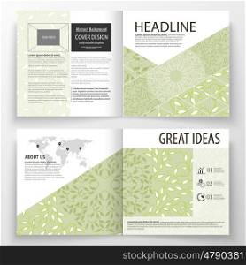 Business templates, square design bi fold brochure, magazine, flyer, report. Leaflet cover, abstract flat layout. Green color background with leaves. Spa concept in linear style. Vector decoration for fashion, cosmetics, beauty industry.