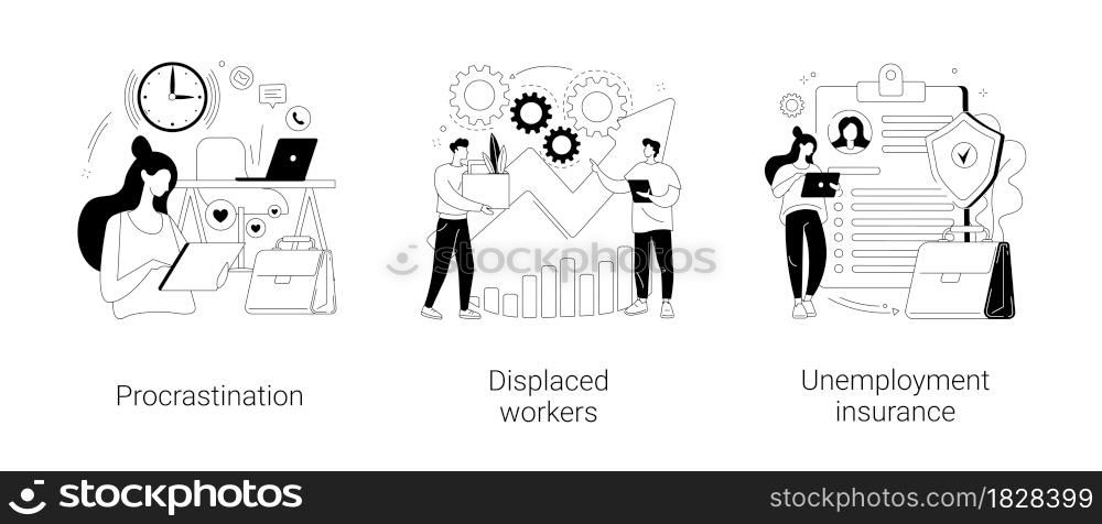 Business termination abstract concept vector illustration set. Procrastination, displaced workers, unemployment insurance, professional burnout, lost job position, claim form abstract metaphor.. Business termination abstract concept vector illustrations.