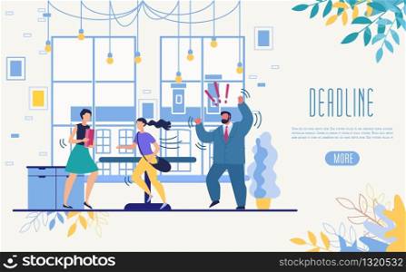 Business Time Management Online Service, Projects Deadlines Terms Controlling Startup Flat Vector Web Banner, Landing Page Template with Stressed, Nervous Because of Deadline Businessman Illustration