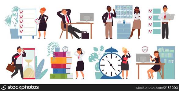 Business time management. Productivity people, abstract clock and task calendar. Corporate workflow, success employee on workplace decent vector scenes. Illustration business time planning. Business time management. Productivity people, abstract clock and task calendar. Corporate workflow, success employee on workplace decent vector scenes