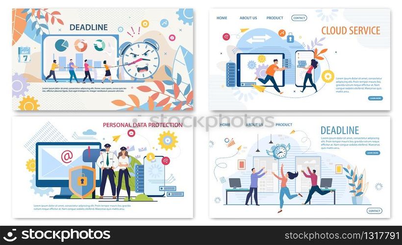 Business Time Management, Project Deadline Planing Startup, Personal Information Protection, Data Synchronization, Backup on Cloud Service Trendy Flat Vector Web Banners, Landing Pages Templates Set
