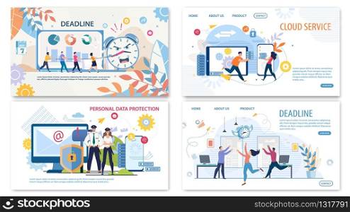 Business Time Management, Project Deadline Planing Startup, Personal Information Protection, Data Synchronization, Backup on Cloud Service Trendy Flat Vector Web Banners, Landing Pages Templates Set