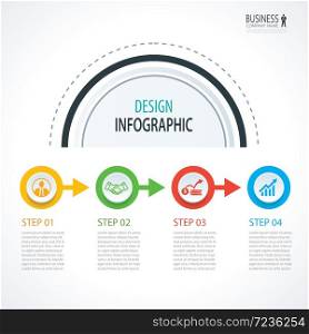 Business timeline infographics with 4 circles steps number options. Can be used for workflow layout, diagram, data, banner, web design.