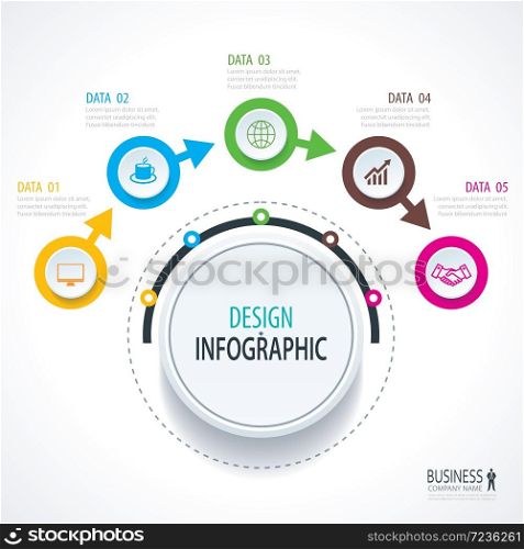 Business timeline infographics with 5 circles steps number options. Can be used for workflow layout, diagram, data, banner, web design.